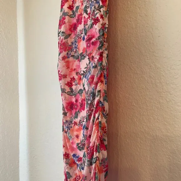 Vici Dee Elly Floral Mesh Ruched‎ Sleeveless Midi Dress L Wedding Guest Formal - Picture 4 of 12